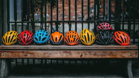 A vibrant collection of bicycle helmets in various colors displayed neatly on a wooden bench, highlighting the importance of safety in cycling activities.の素材