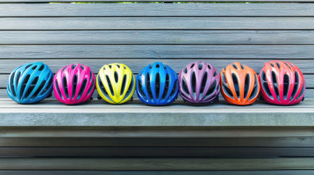 A visually striking arrangement of colorful bicycle helmets displayed on a wooden shelf, showcasing vibrant designs. Perfect for cycling enthusiasts!の素材