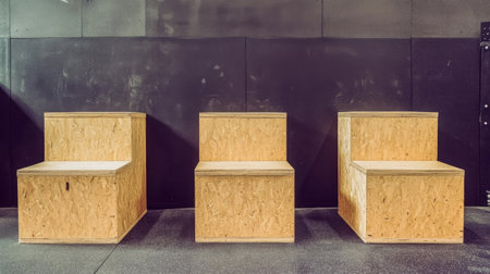 This image showcases three modern wooden fitness boxes designed for various workout routines, highlighting their minimalist design and durable construction.の素材
