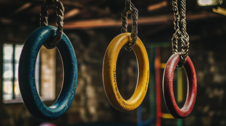 Three vibrant gymnastics rings hang in a well-lit indoor training area, emphasizing fitness, strength, and athletic pursuits for dedicated enthusiasts.の素材