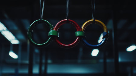 A vibrant set of colorful gymnastics rings hangs from a sturdy structure in a modern fitness studio, symbolizing strength and athleticism, ready for use.の素材