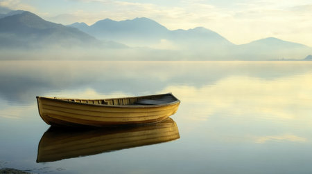A serene sunrise landscape featuring a rustic wooden boat gently floating on a still lake, surrounded by misty mountains. The soft golden light reflects beautifully on the water, creating a peaceful and tranquil atmosphere perfect for relaxation and nature lovers.の素材