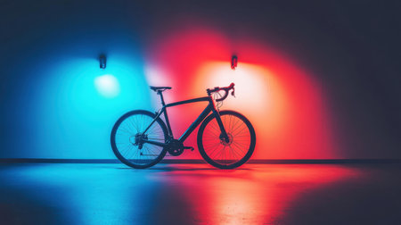 A sleek bicycle stands against a gradient background, highlighted by blue and red lights, creating an artistic and modern ambiance perfect for any creative project.の素材