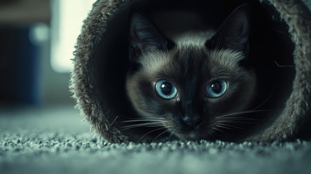 A charming Siamese cat with striking blue eyes peeks out from a cozy tube, embodying curiosity and playfulness in a warm indoor setting.の素材