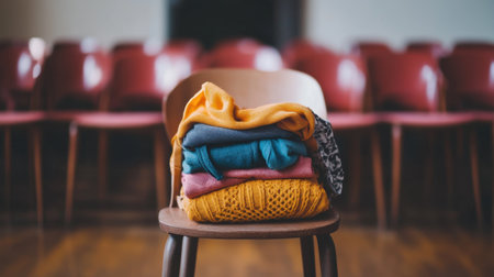 A charming arrangement of folded clothes stacked neatly on a wooden chair against a backdrop of plastic chairs, showcasing vibrant colors and textures in a cozy setting.の素材