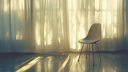 A serene indoor scene showcasing a minimalistic chair bathed in natural light filtering through sheer curtains, evoking a sense of tranquility and elegance.の素材