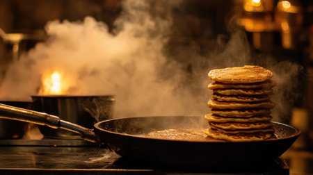 A tantalizing scene featuring fluffy pancakes stacked high in a frying pan, enveloped in steam, showcasing a warm and inviting kitchen vibe.の素材