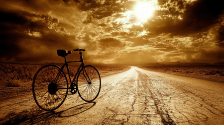 A striking image of a vintage bicycle parked on an empty road, illuminated by a captivating golden sunset and dramatic clouds, evoking a sense of adventure.の素材