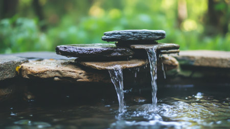 A serene scene showcasing a small waterfall cascading over stacked stones in an outdoor setting, surrounded by lush greenery, capturing tranquility and natural beauty.の素材
