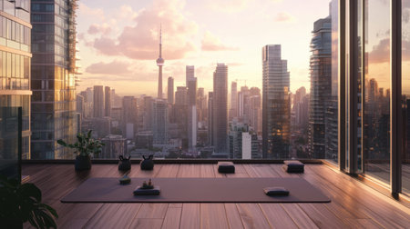 This image captures a peaceful yoga studio with panoramic views of a breathtaking urban skyline at sunset, offering a serene space for relaxation and meditation.の素材