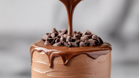 A decadent chocolate cake adorned with silky ganache cascading down the sides, topped with chocolate chips, perfect for dessert lovers and celebrations.の素材