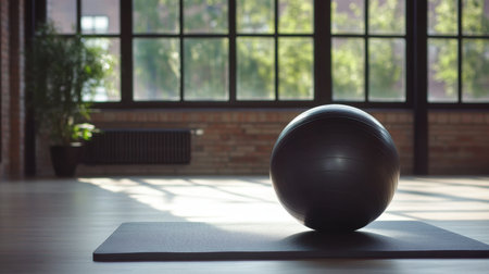 A sleek black exercise ball rests on a yoga mat in a spacious room filled with natural light, offering a serene atmosphere for workouts and relaxation.の素材
