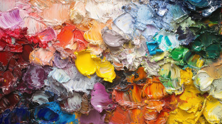 This vibrant and colorful image showcases a dynamic abstract palette filled with bold brushstrokes and a rich blend of tones, perfect for artistic inspiration.の素材