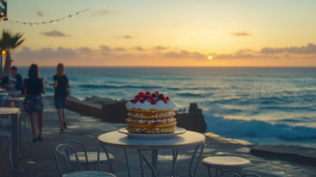 A beautiful dessert sits on a table overlooking the ocean at sunset, creating a serene atmosphere perfect for enjoying delicious moments with loved ones.の素材