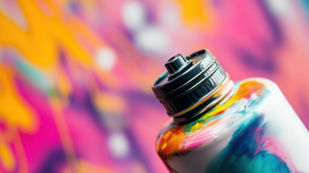 A close-up image of a colorful spray paint canister against a bright and vibrant abstract wall background. Perfect for art and creativity themes.の素材