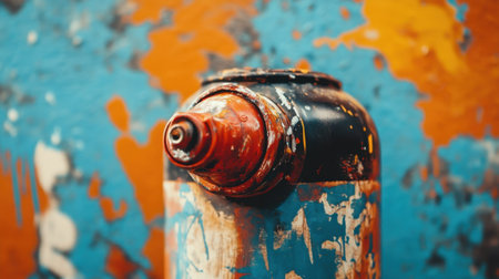 A detailed close-up of a vintage fire hydrant against a vibrant graffiti background. The image showcases colorful paint splashes, highlighting urban street art.の素材