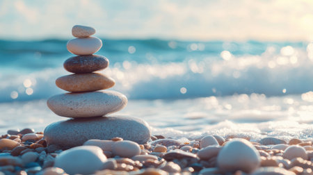 This serene image captures a stack of smooth stones balanced harmoniously on a sandy beach, with gentle waves lapping at the shore. The peaceful scene evokes feelings of tranquility, making it perfect for promoting relaxation and mindfulness.の素材