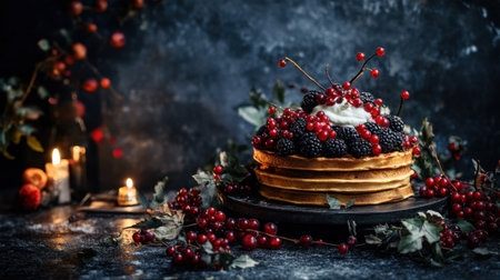 A mouthwatering stack of pancakes adorned with a medley of fresh seasonal berries and a dollop of whipped cream, presenting an artistic culinary display.の素材