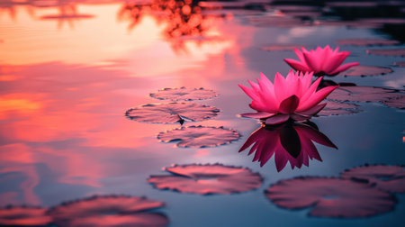 Experience the calming beauty of pink lotus blossoms floating gently on tranquil water during sunset. The vibrant reflection illuminates a peaceful scene.の素材