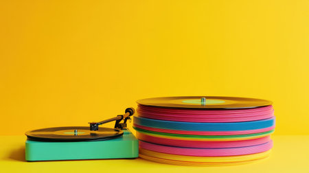 A vibrant display of colorful vinyl records next to a stylish turntable against a bright yellow background, perfect for music enthusiasts and art lovers.の素材