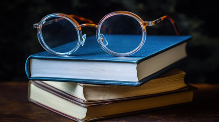 This image showcases a neat stack of vintage books topped with clear reading glasses, creating a cozy and inviting atmosphere ideal for study.の素材