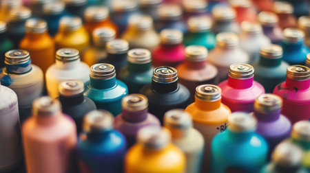 A captivating arrangement of colorful paint bottles showcases a range of hues perfect for artists and DIY enthusiasts, ideal for various creative projects.の素材
