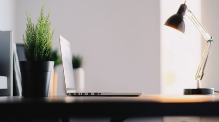 A serene minimalist workspace featuring a sleek laptop beside a stylish desk lamp and a fresh green plant, creating an inspiring and productive environment.の素材