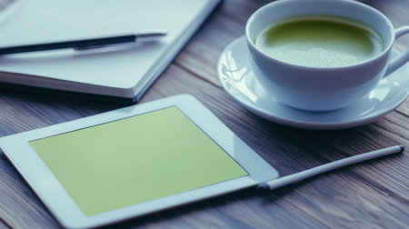 A serene workspace featuring a tablet, pen, and notebook alongside a steaming cup of green tea, perfect for creativity and productivity. Ideal for modern lifestyle.の素材