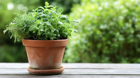 A vibrant display of fresh green herbs thriving in a terra cotta pot rests on a wooden table, highlighting a serene garden backdrop, ideal for culinary inspiration.の素材