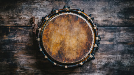 This image captures a close-up of a beautifully handcrafted drum, showcasing intricate details and textures on a rustic wooden surface.の素材