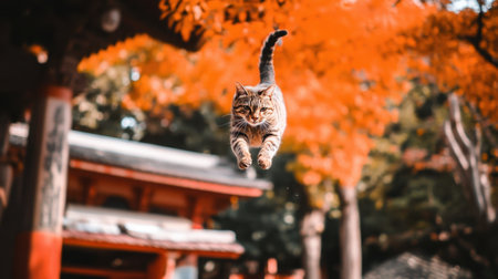 A delightful image of a cat leaping through the air, surrounded by bright autumn leaves. The vibrant colors and playful motion embody the spirit of adventure in nature.の素材