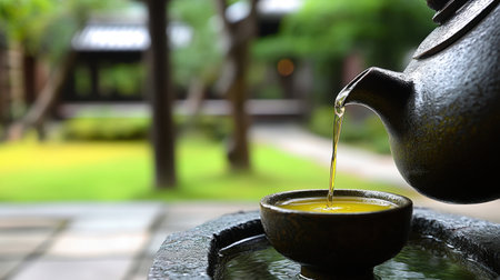 A peaceful scene featuring a teapot pouring hot tea into a bowl, set in a serene Zen garden. This image captures the essence of tranquility and relaxation in nature.の素材