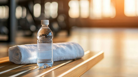 A serene gym scene featuring a water bottle resting on a wooden bench next to a plush towel, illuminated by warm golden sunlight during a workout session.の素材