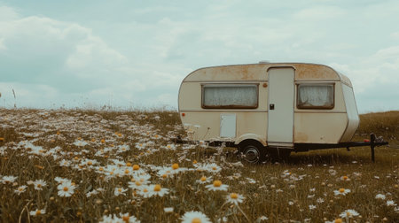 A charming vintage caravan rests among a field of wildflowers, creating a serene scene under a cloudy sky. Perfect for evoking travel and nostalgia.の素材
