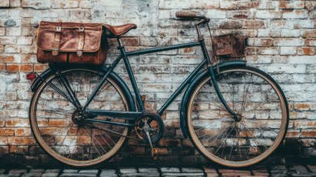 A vintage bicycle featuring a stylish leather bag leans against a weathered brick wall, embodying urban lifestyle and travel charm perfect for photography.の素材