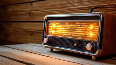 A beautifully designed vintage radio illuminated with a warm glow, placed on a wooden table. Ideal for themes of nostalgia, decor, or retro aesthetics.の素材