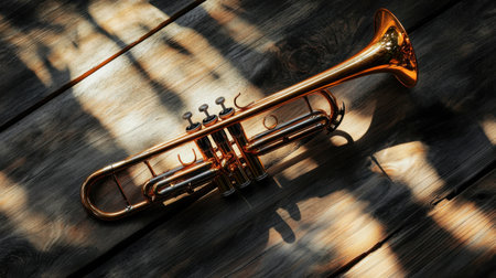 A stunning brass trumpet lies gracefully on a rustic wooden surface, bathed in soft sunlight. The beautiful reflections and shadows create a captivating ambiance perfect for music enthusiasts.の素材