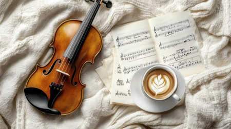 A beautiful arrangement featuring a violin next to sheet music and a steaming latte, creating a serene atmosphere perfect for artistic inspiration and relaxation.の素材