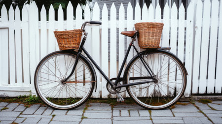 A charming vintage bicycle with wicker baskets is parked next to a white picket fence, showcasing a peaceful neighborhood vibe perfect for leisurely rides.の素材