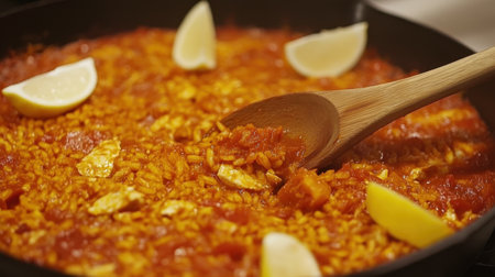 This image features a close-up of a savory rice dish simmering in tomato sauce, garnished with lemon slices, evoking warmth and comfort in home cooking.の素材