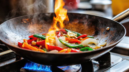 A dynamic close-up of vibrant vegetables stir-frying in a wok, flames and steam enhancing the cooking experience in a bustling kitchen atmosphere.の素材