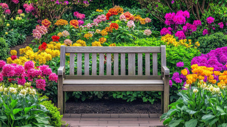 A serene garden scene showcasing a wooden bench surrounded by a burst of colorful flowers in various hues, creating a peaceful and inviting atmosphere for relaxation.の素材