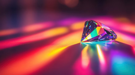 A stunning close-up of a cut glass diamond reflecting a spectrum of colors on a smooth surface, creating a vibrant and artistic light display.の素材