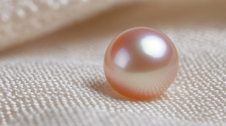 A close-up view of a delicate pink pearl resting on a soft fabric background, capturing the elegance and shine of this beautiful jewel in natural light.の素材