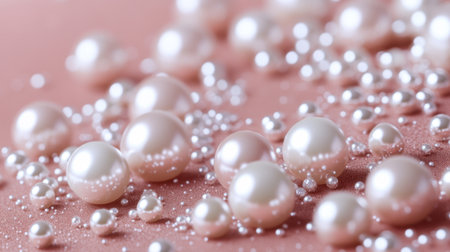 This stunning close-up image showcases a variety of elegant pearls scattered on a soft pink surface. The composition highlights the shine and beauty of pearls, making it perfect for artistic and luxury-themed projects.の素材