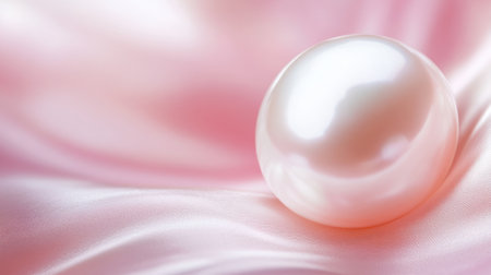 A stunning close-up of a lustrous pearl resting on soft satin fabric, capturing the essence of elegance and beauty in a serene composition.の素材