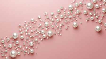 A stunning arrangement of shimmering pearls scattered artistically on a soft pink background, perfect for adding a touch of elegance and luxury to any design project.の素材