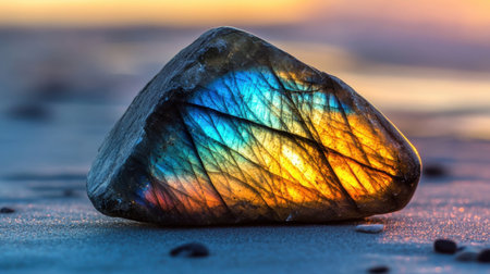 This image showcases a colorful iridescent stone resting on the beach, capturing the mesmerizing patterns created by sunlight at sunset, evoking serenity.の素材