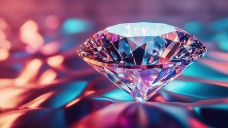 A stunning close-up view of a diamond gemstone showcasing its exceptional clarity and brilliance against a colorful reflective surface, perfect for luxury themes.の素材