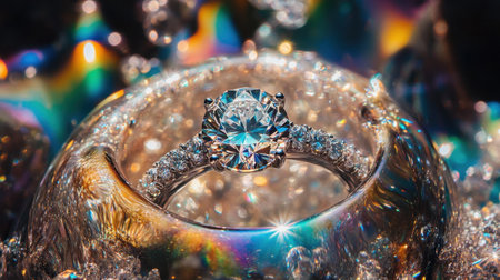This captivating image features a stunning diamond engagement ring set in a bubble, showcasing sparkling light reflections and colorful hues, creating an enchanting visual experience.の素材